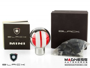 MINI Cooper Gear Shift Knob - Chrome Housing - Red w/ White Racing Stripes Design